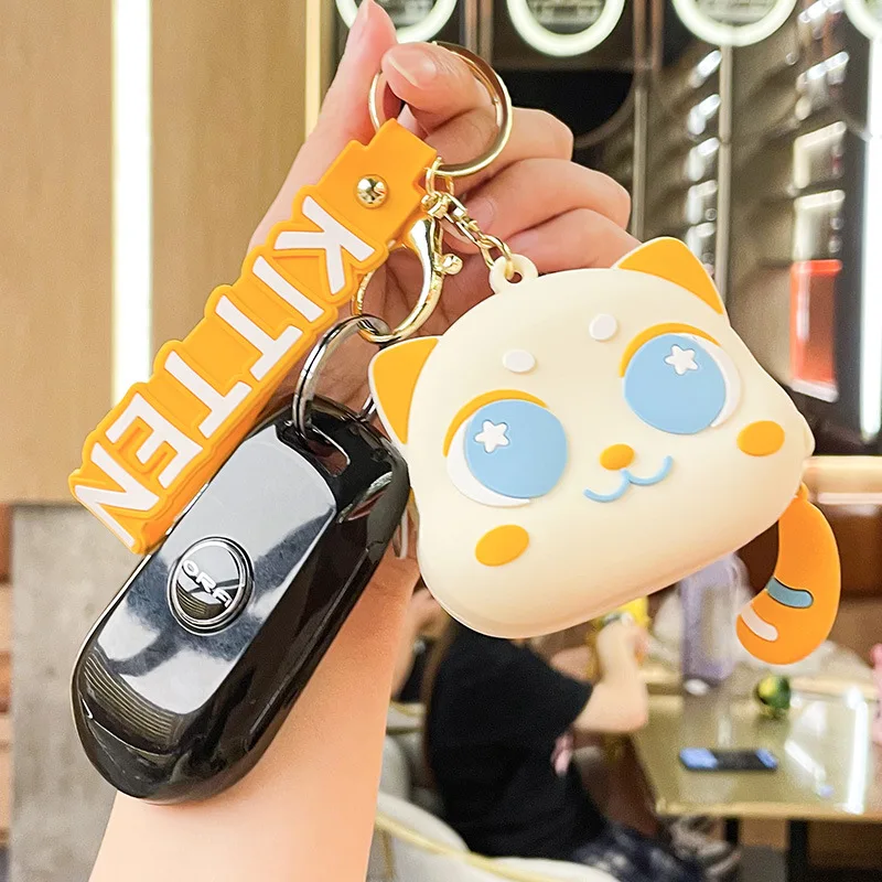 Cute Big Eyes Cat Silicone Coin Purse with Keyring Kawaii Kids Coin Bag Portable Data Cable Earphone Organizer Coin Key Pouch