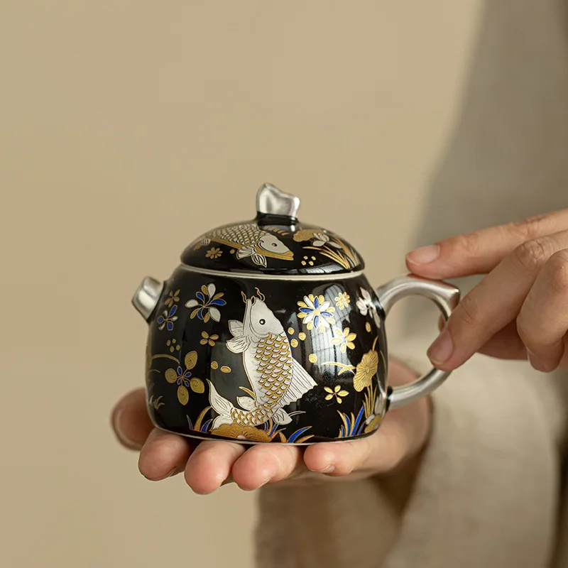 Jingdezhen Fish and Algae Pattern Gold and Silver Teapot Handmade Gilded Silver Home Kung Fu Tea Set Business Companion Gift Box