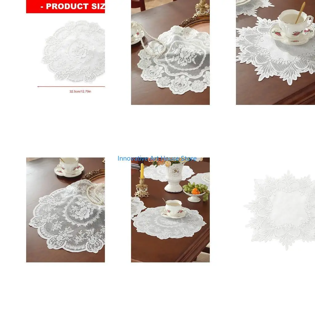 E1PC Lace Embroidered Placemat Polyester Round Doilies with Flower Cutwork Scalloped Edges for Dining Tea Coffee Decoration