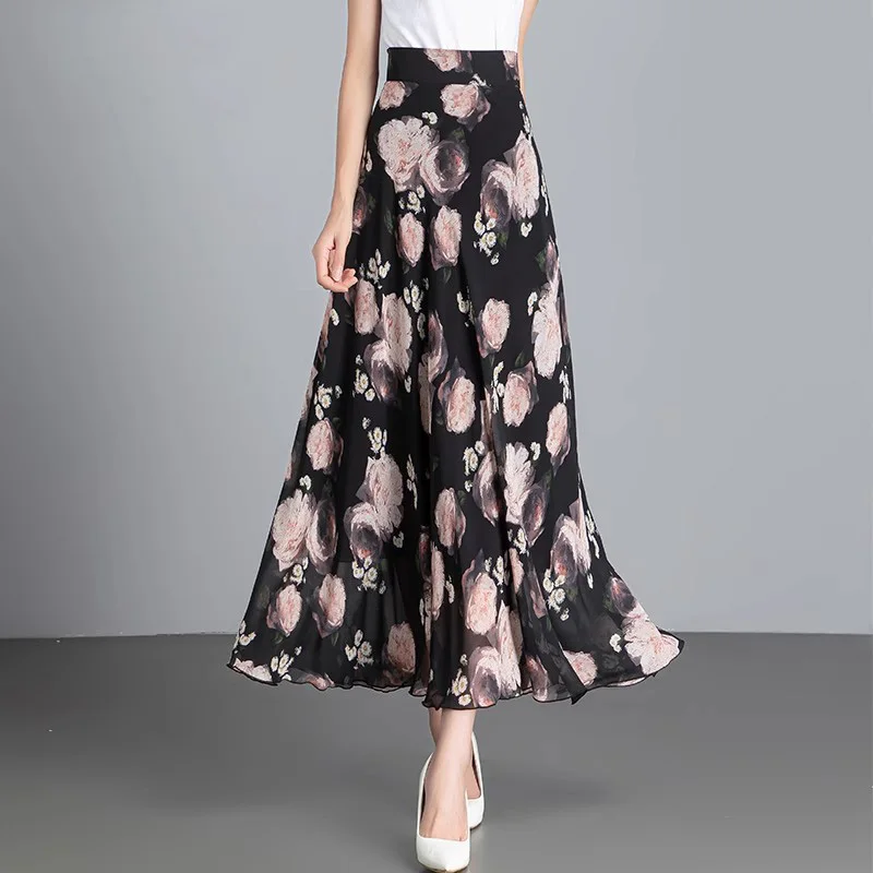 New Women Print Chiffon Skirt Ankle-Length Summer Fashion High Waist A-Line Loose Floral Skirt Elegant Casual Thin Long Skirt