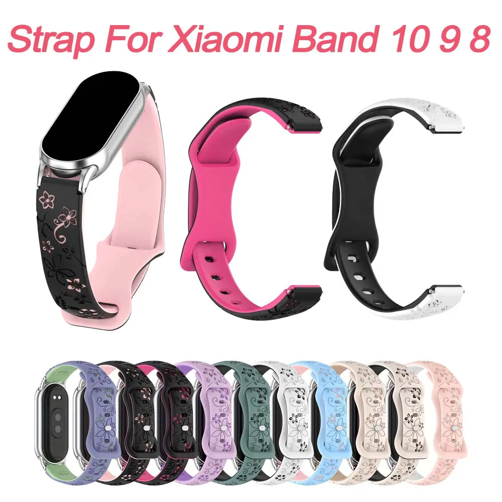 Damen Silikon Blumen 3D Graviertes Armband für Xiaomi Band 9/10 Smartwatch Atmungsaktives Uhrenarmband für Xiaomi Band 8 NFC Armband