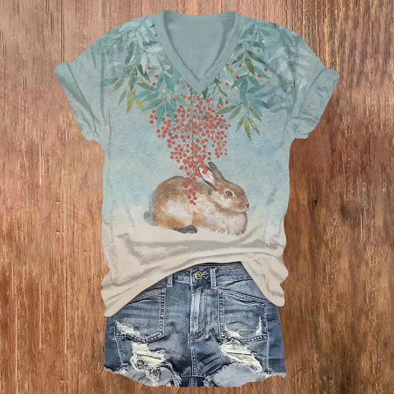 Brown Rabbit Under Nandina Domestica Print Short Sleeved V-neck T-shirt Summer Women's T Shirts