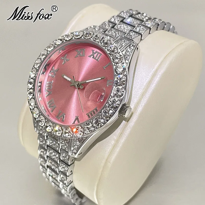 Iced Out Watch Women Fashion Roman Scale Pink Dial Luxury Diamond Calendar Waterproof Quartz Watches for Woman Gift Drop Shippin - view 4