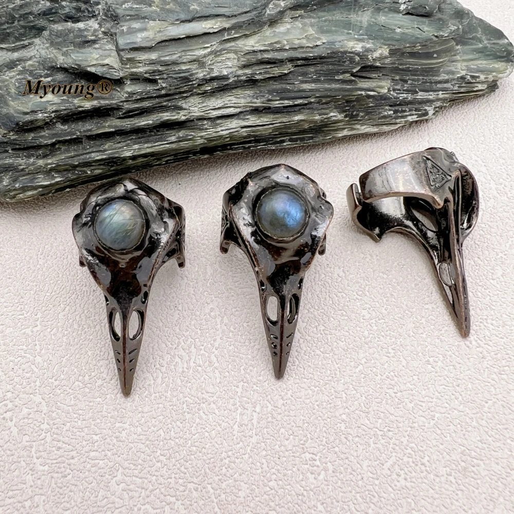 10PCS Large Adjustable Natural Stone Labradorite Bead Paved Crow Skull Viking Vintage Rings Men Women Witch Jewelry MY230846