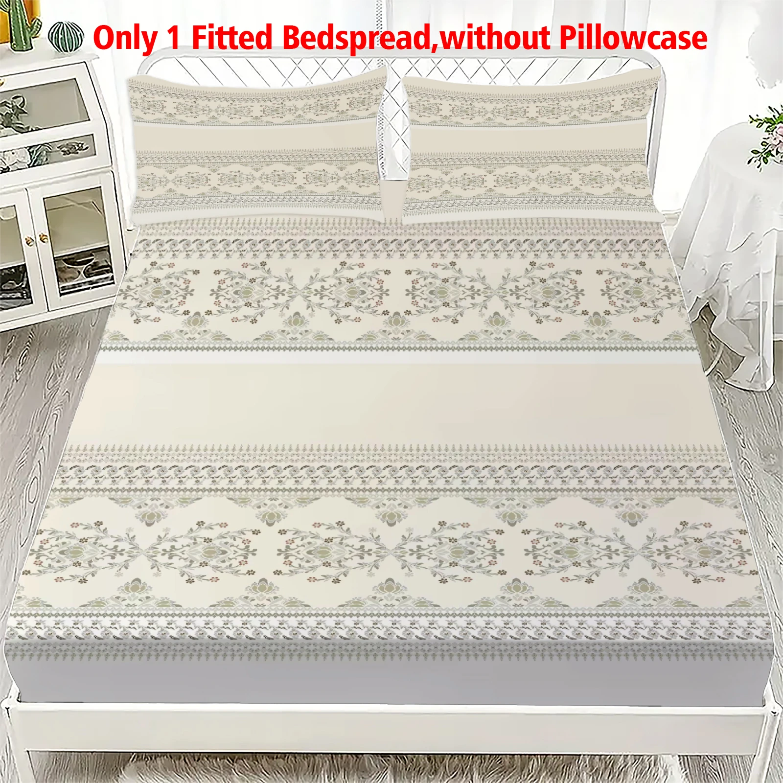1pc Vintage Floral Fitted Sheet Boho Lace Stripe Deep Pocket Elastic Mattress Cover No Pillowcase Twin Double Queen King Bedroom