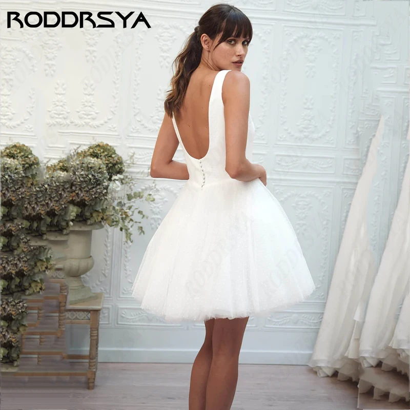 RODDRSYA Lovely Tulle Wedding Dress For Women Sexy Square Collar Backless Robe De Mariée Short Mini Spaghetti Straps Bride Party