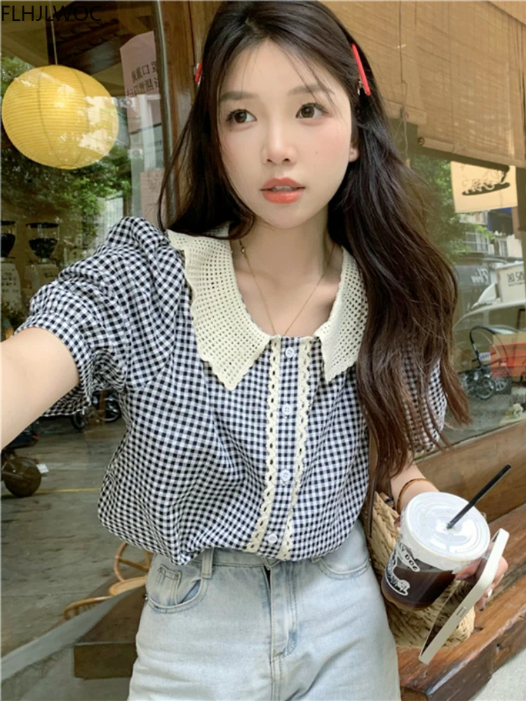 2022 Cute Sweet Ruffles Lace Tops Women Summer Chic Korean Japan Style Clothes Short Top Preppy Girls Black Plaid Shirts Blouses