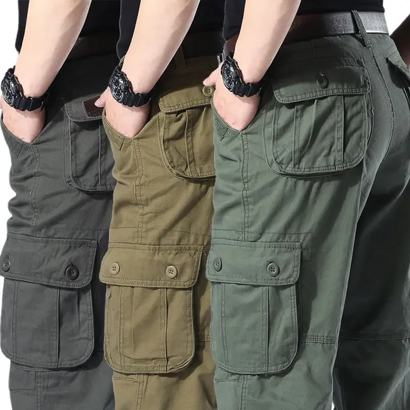 2024 New Men's Cargo Pants Fashion Multi-Pocket Cotton Overalls Combat Loose Slacks Trousers Man Army Green Straight Work Pants