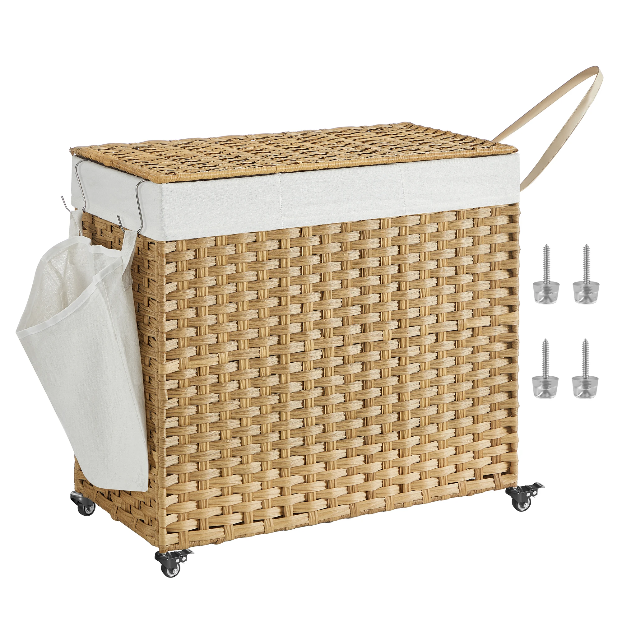 

SONGMICS Laundry Hamper with Lid, 42.3 Gallons (160 L), Rolling Laundry Basket with Wheels, 3-Section Synthetic Rattan