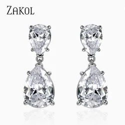 ZAKOL Cute Transparent Crystal Dangle Drop Earrings For Girls Clear Gold Color Women Small Wedding Engagement Jewelry FSEP2516