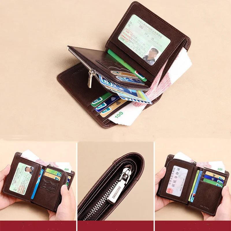 Genuine Leather Wallets For Men Vintage Multi Function Business Purse RFID Blocking Zipper ID Credit Card Holder Mens Wallet