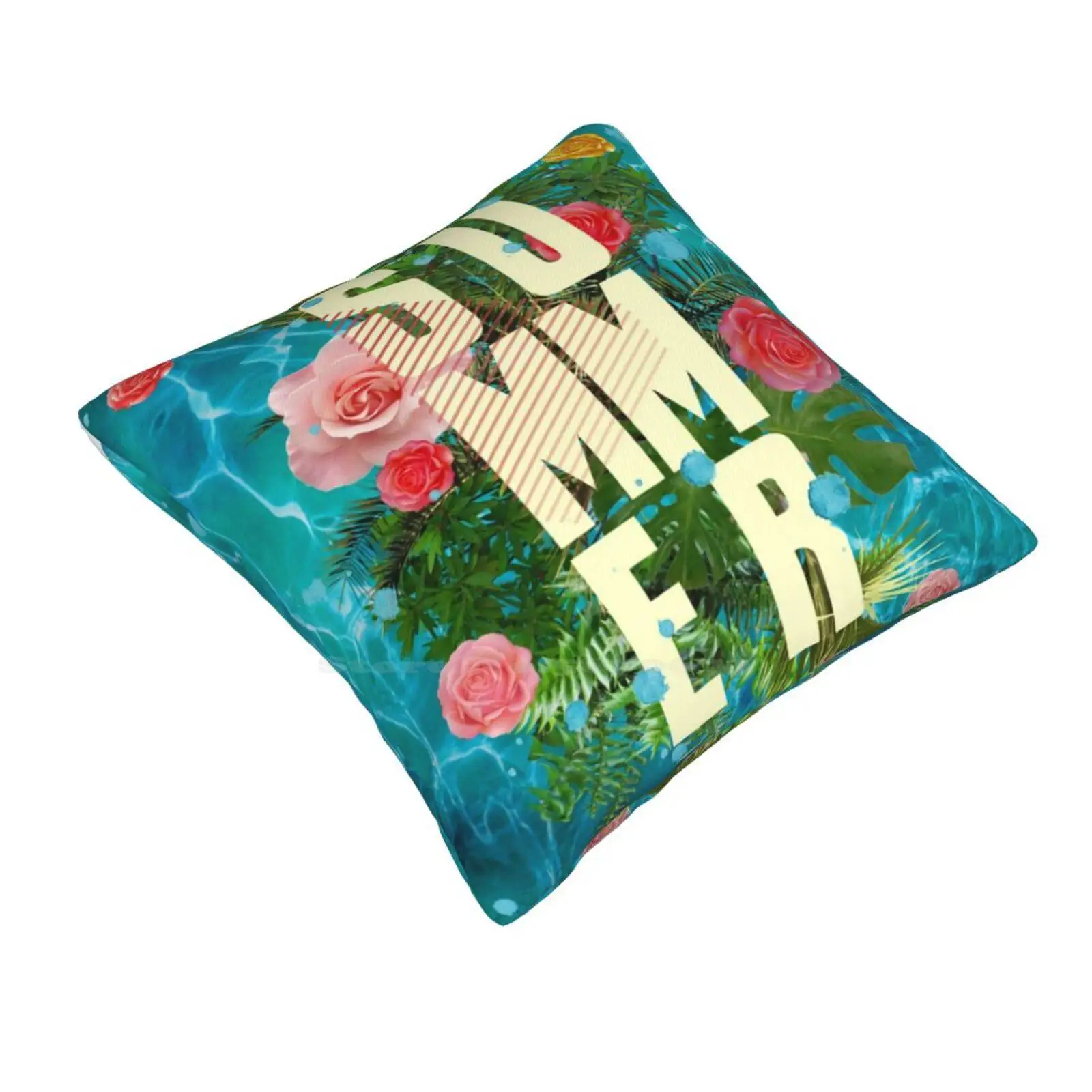 Summer Collage With Flowers And Palm Trees Home Sofa Car Waist Throw Pillowcase Summer Poetic Words Text Sea Water Pool Swim