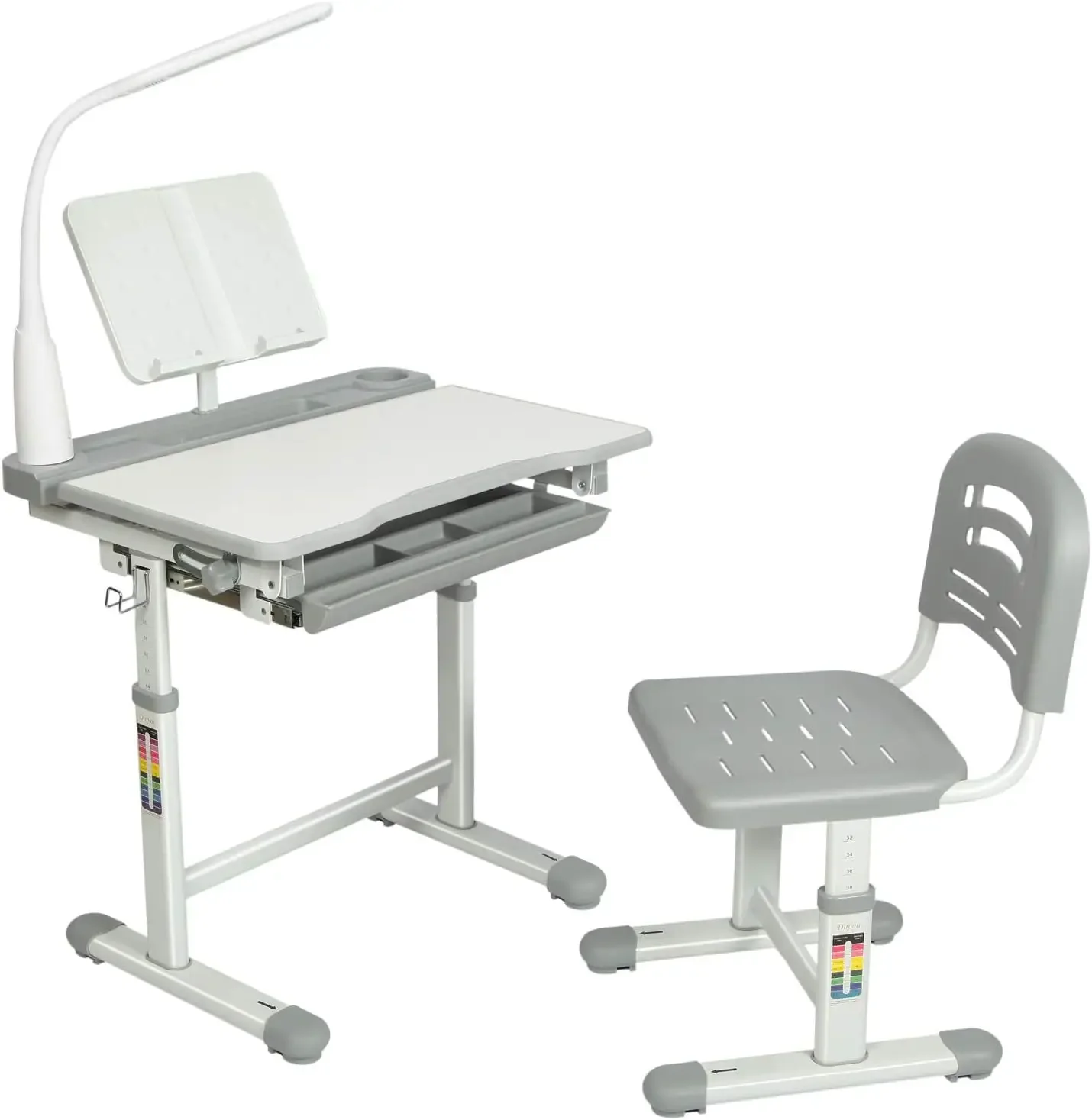 Kids Functional Desk and Chair Set, Height Adjustable Children School Study Desk with Tilt Desktop, Bookstand, LED Light,