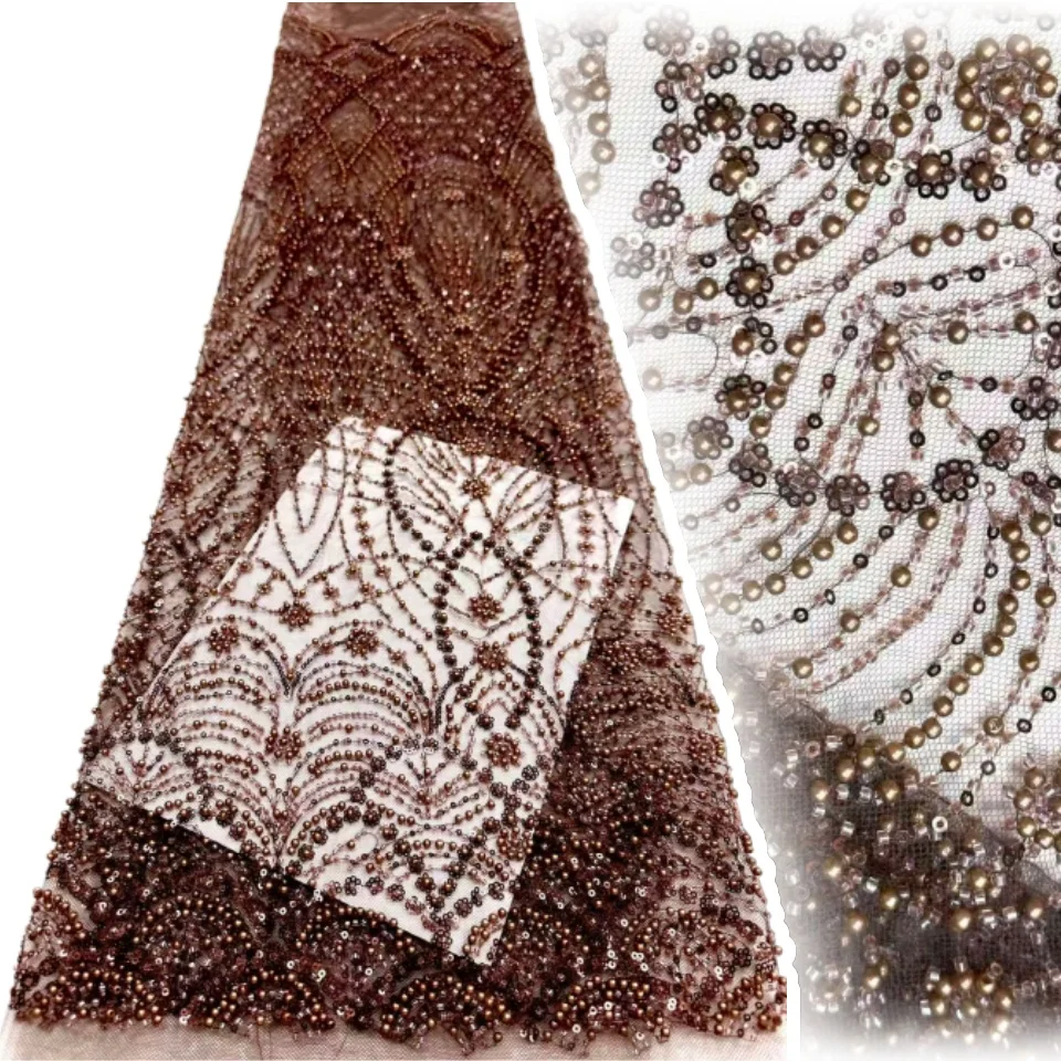 

2026 Nigerian Sequins Lace Fabric Heavy Hand Beaded Luxury French Embroidery Beads for Wedding Latest Style Material 5Yards 1901