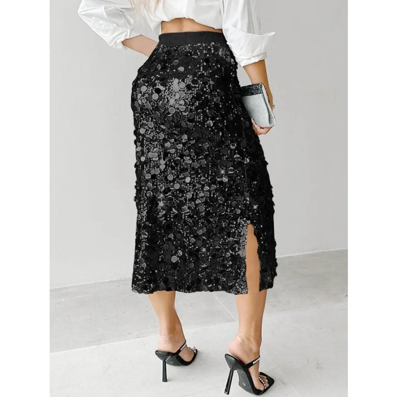 Sexy Sequin Glitter Skirt High Waist Hip-hugging Skirt Women Fashionable Solid Color Elegant Mid Length Sequined Skirts
