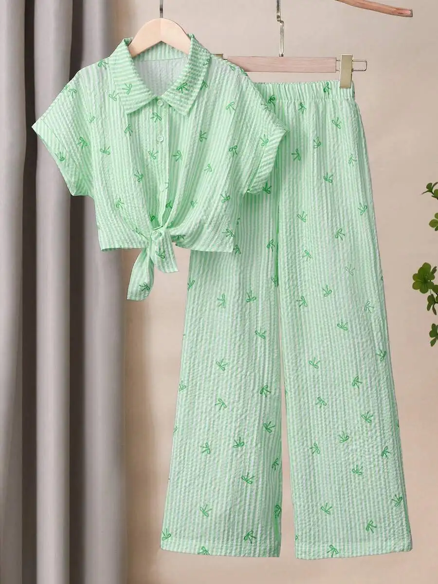

2pcs Set Green Striped Textured Short Sleeve Shirt And Pants Casual Summer Outfit
