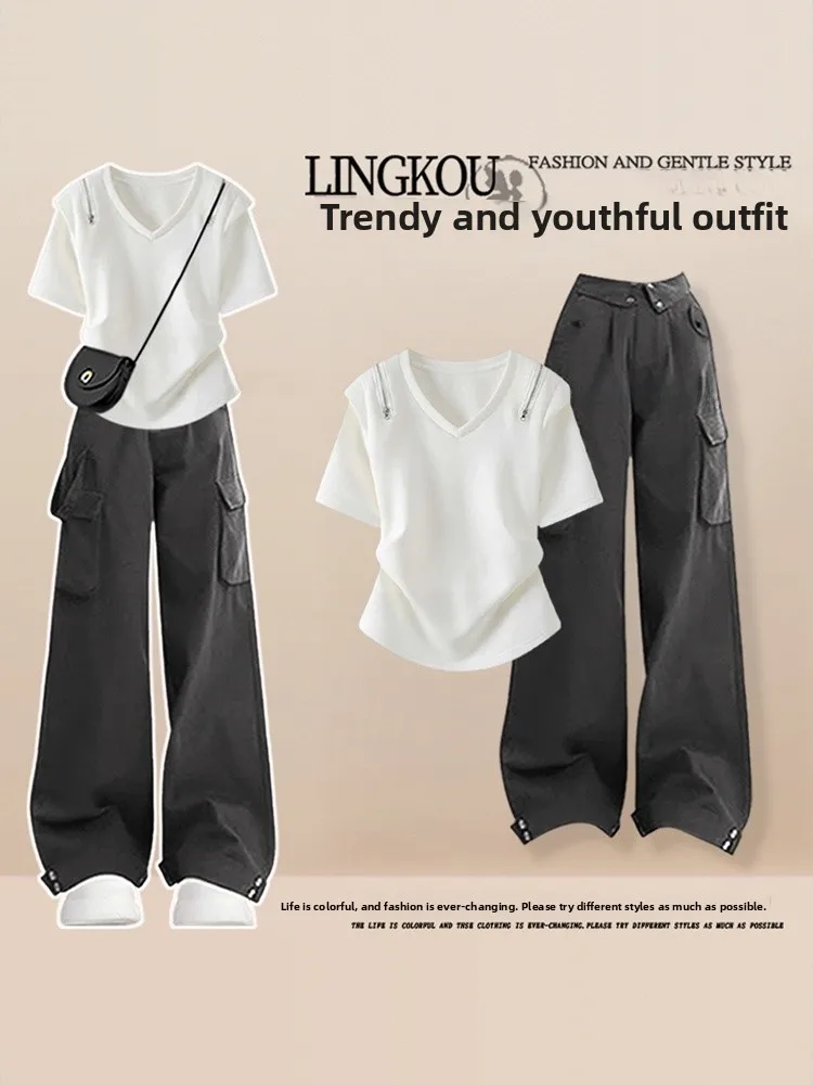 

Elegant plus Size Summer Set Women's Lightweight Age-Defying Short Sleeve T-Shirt with High-End Vintage Work Pants Two-Piece Set