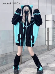 Original Design Harajuku Oversized Hooded Coat Japanese Mine Subculture Goth Patchwork Mid-Length Coat Women Y2K Jackets