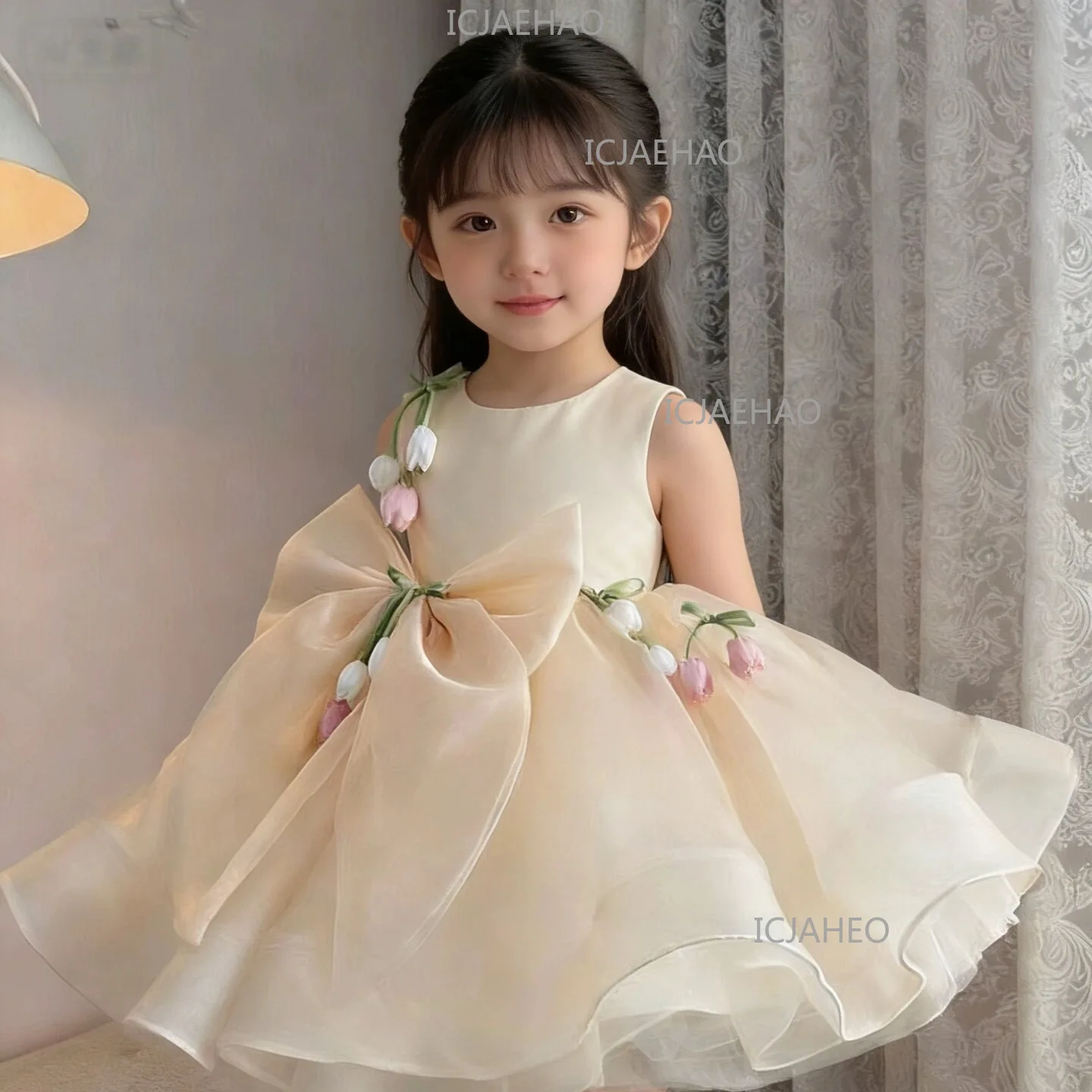 

Satin Flower Girl Dress, Luxury Princess Gown For Kids Wedding Host Performance Birthday Party 2026 New Champagne Costume