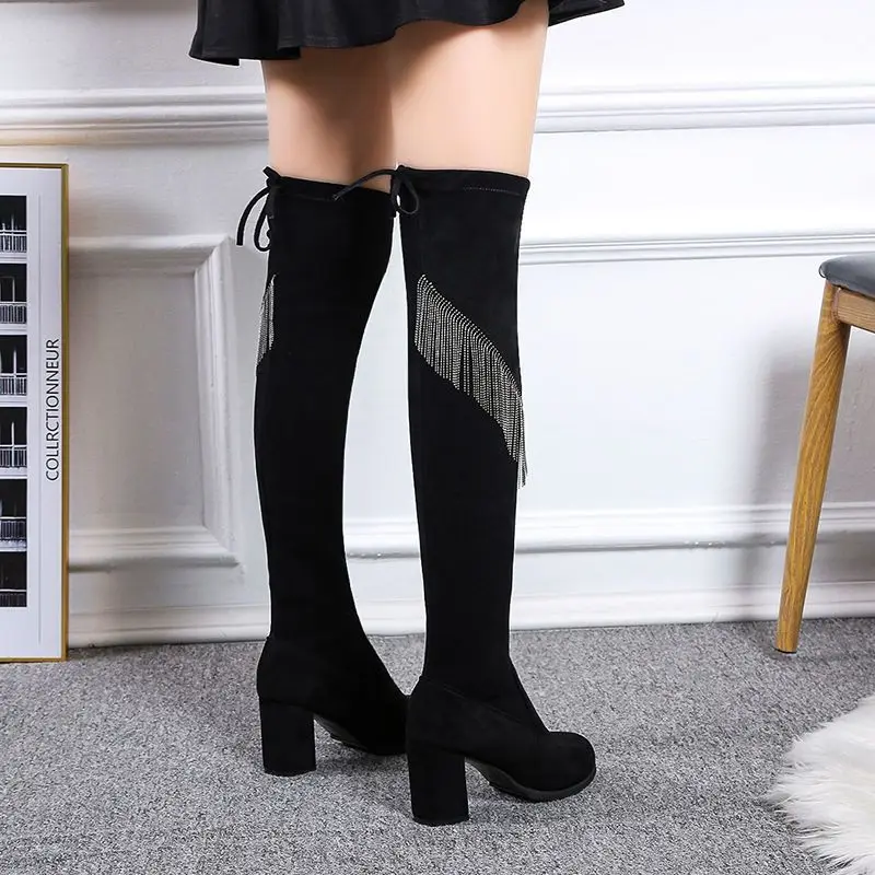 Shoes for Women Elastic Footwear Thigh High Ladies Boots Above Over The Knee Tassel Rhinestone 2024 New Trend Pu on Promotion In