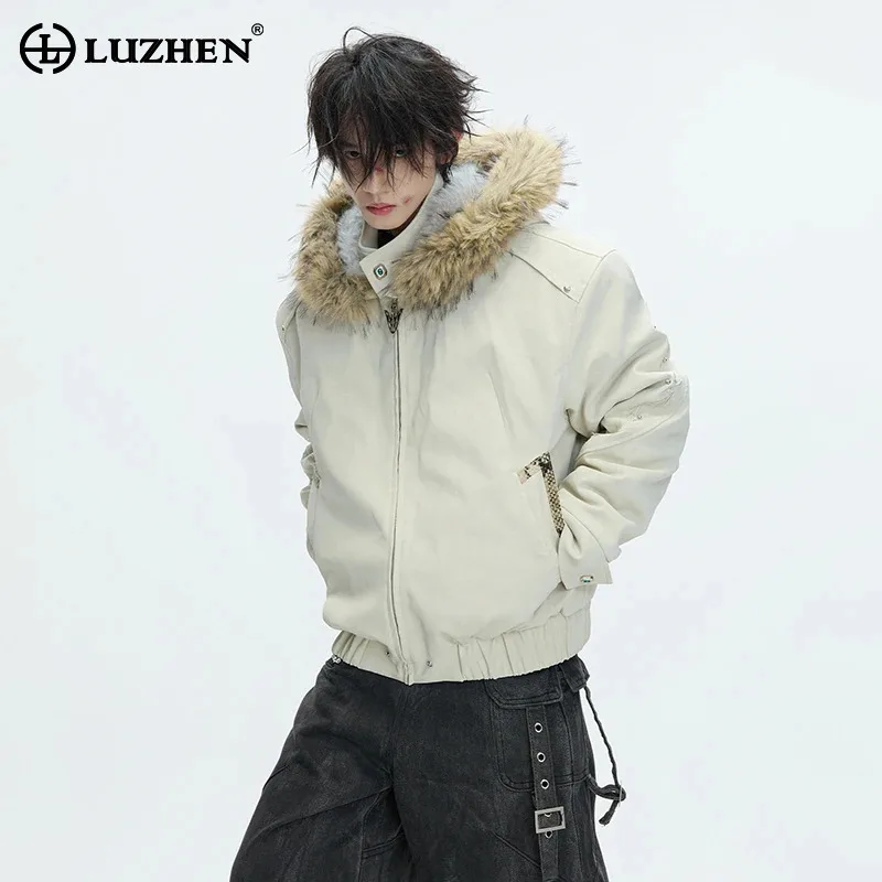 LUZHEN 2025 Winter New Thickened Warm Hooded Padded Coat Men Fashion High Quality Faux Fur Liner Solid Color Street Parka JY5694