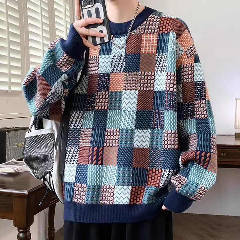 Men's All Match Sweater, Casual, Cool, Warm and Thick, New Round Neck, Loose Base Trendy Checkered Knit Sweater Top