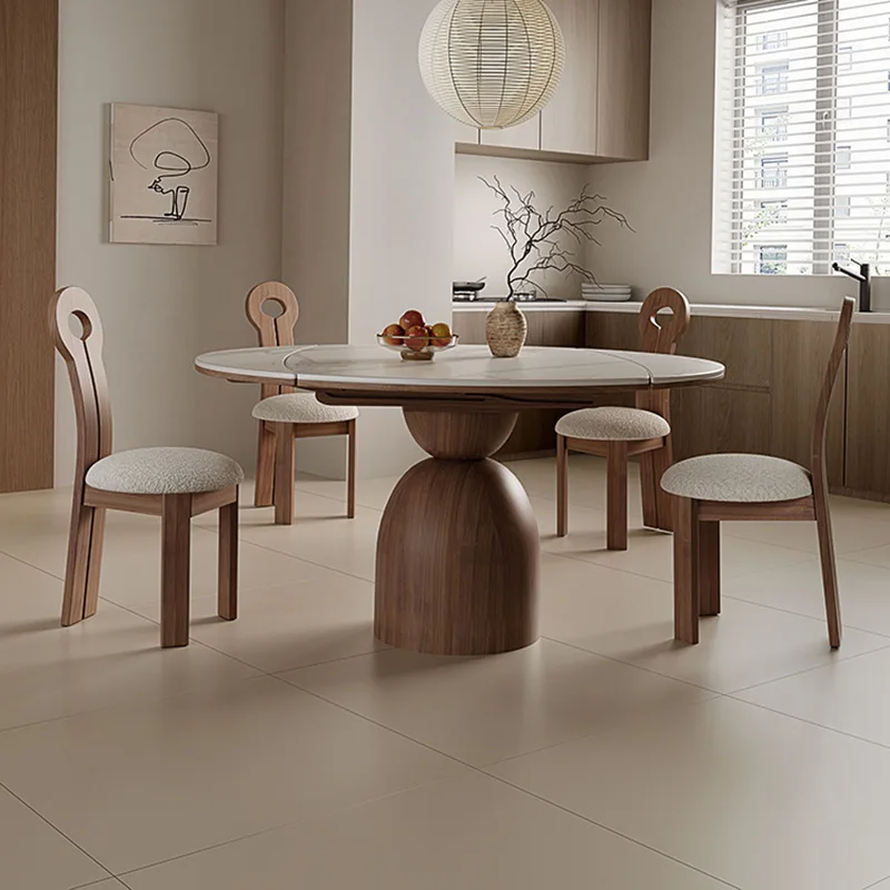 French retro solid wood retractable rock slab dining table