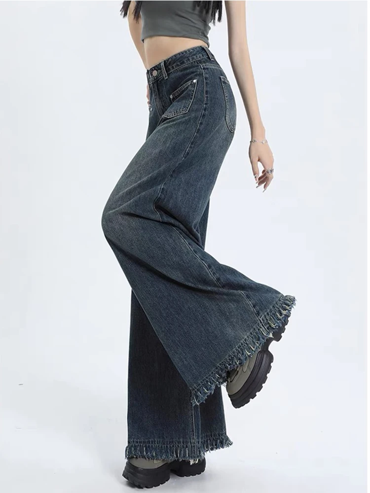 High Waist Woman Jeans Hot Girl Baggy Jeans Y2k Street vintage Washed To Make Old Fried Straight Wide-Leg Denim Pants For Women