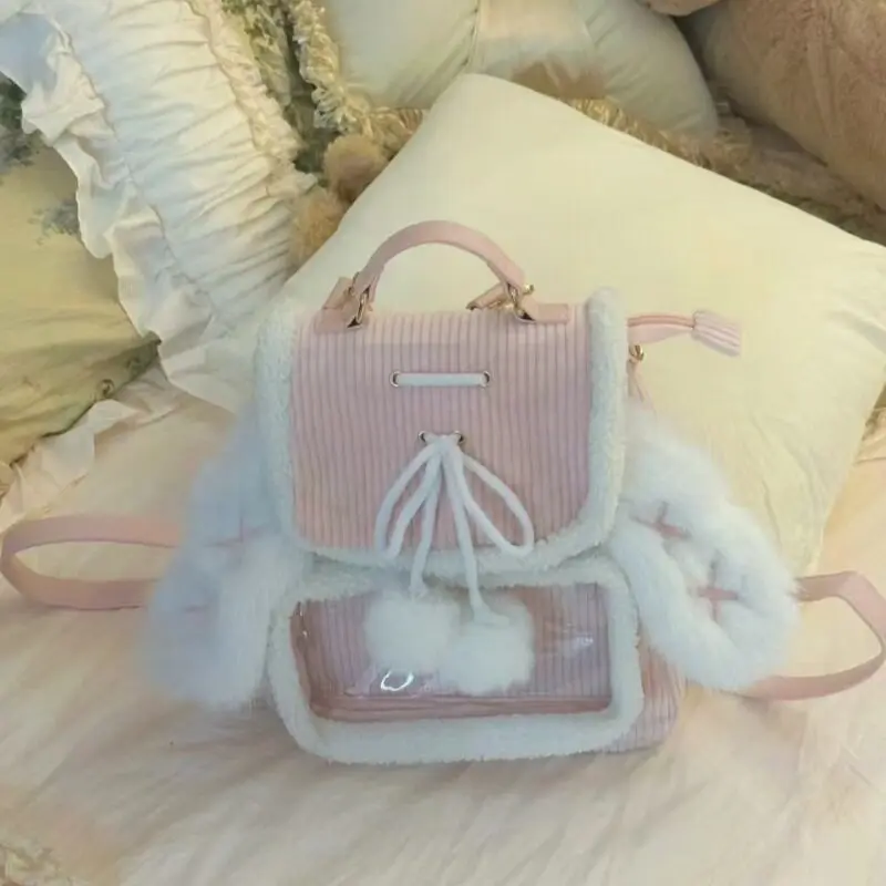 Pink Rabbit Ears Cute Furry Backpack Casual Simple Sweet Women's Handbag Transparent Cotton Doll Badge Bag Children's Backpack