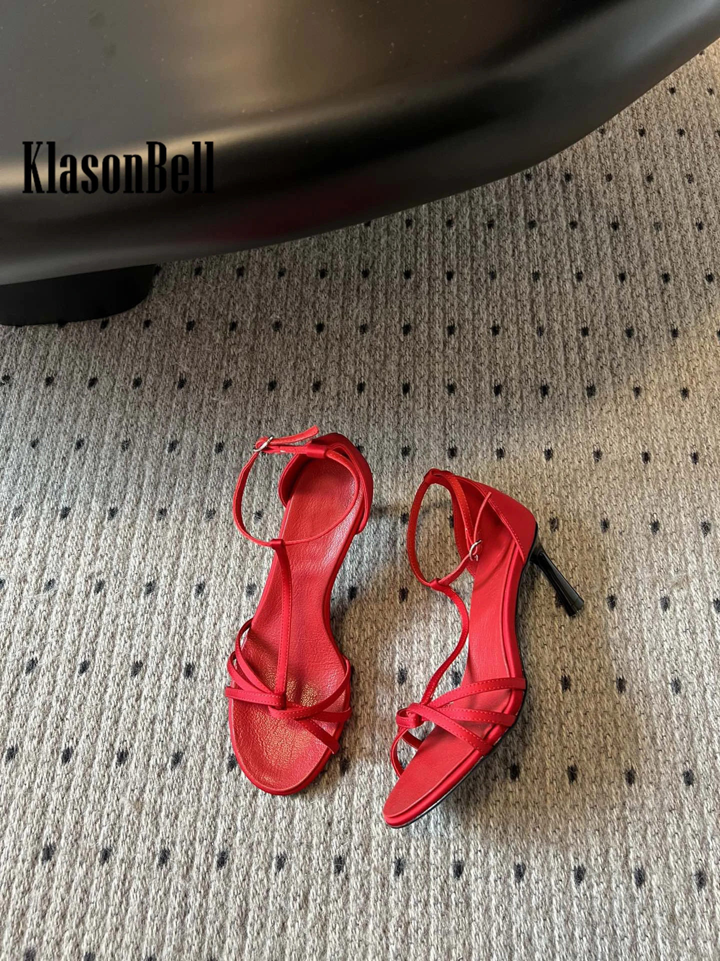 5.10 KlasonBell New Summer Silk Strappy High Heels Women\'s One-Strap Thin Heel Temperament Sheepskin Ladies Open-Toe Sandals