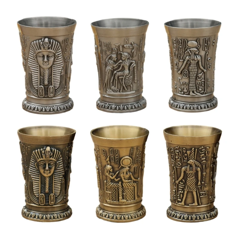 H7EA Egyptian Metal Mug Egypt Wine Cup Wine Goblet Cup Embossed Engraving Glass  Art Crafts Decoration Vintage Cup