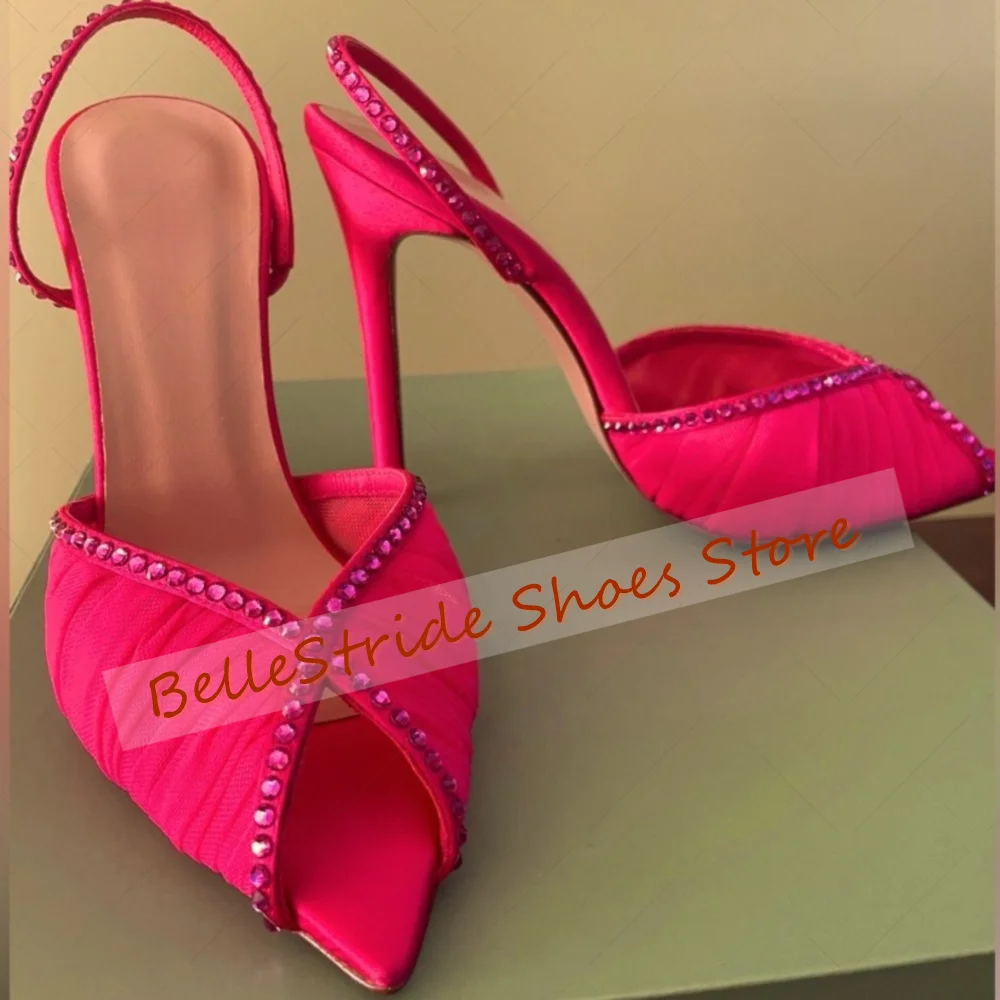 

Rose Red Pointed Toe Crystal Mesh Sandals Open Toe Women Shoes Stilettos High Heel Party Banquet Dating 2025 Zapatos Para Mujere