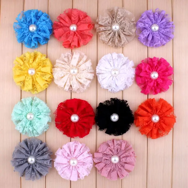 5 pçs/lote 7cm 15 cores moda tecido de renda artificial flor para bebê menina bandana recém-nascido diy flor de cabelo com botões de pérola