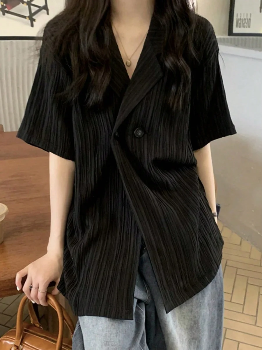

Elegant Black Shirt Women's Short Sleeve Midi Length Cardigan Style French Style Casual Wear Straight Cut Fit Button D...