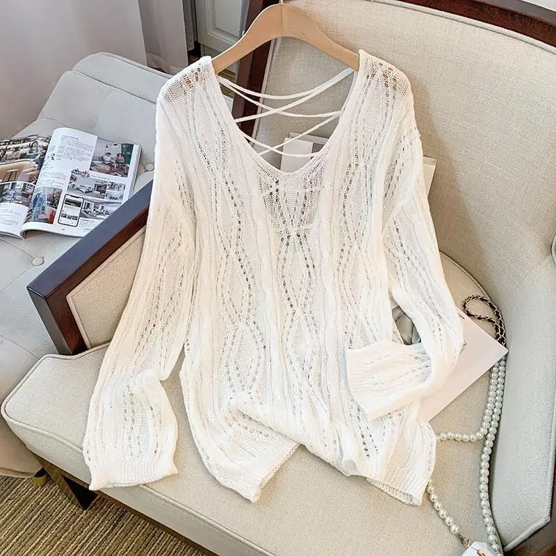 

Female Hollow Out Knitted Sweater for Women Autumn Vintage Long Sleeve Knitted Pullover Female Thin Knitted Loose Sweater Q287