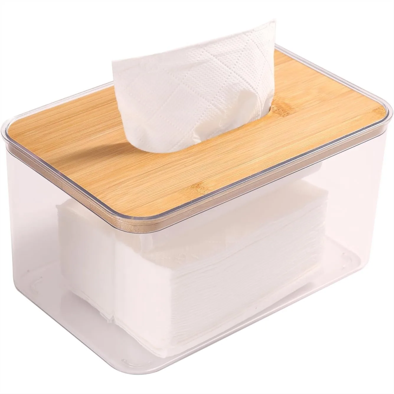 

Acrylic Tissue Box Cover with Bamboo Dryer Sheet Holder for Bathroom Vanity Countertop Bedroom Dresser