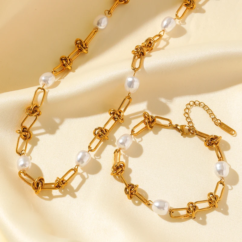 EILIECK 316L Stainless Steel Metal Gold Color Pearl Knot Chain Necklace Bracelet Set For Women Fashion Statement Jewelry Gift