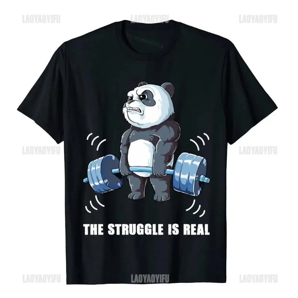 Kawaii Panda The Struggle Is Real Graphic T Shirt Funny Summer Men Clothes Cartoon O-neck Cotton Sweatshirt Ropa Hombre