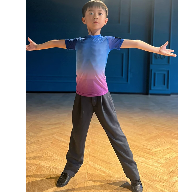 

2024 New Latin Dance Performance Costumes For Boys Gradient Top Black Pants Suit Chacha Rumba Tango Kids Latin Clothing DN18168