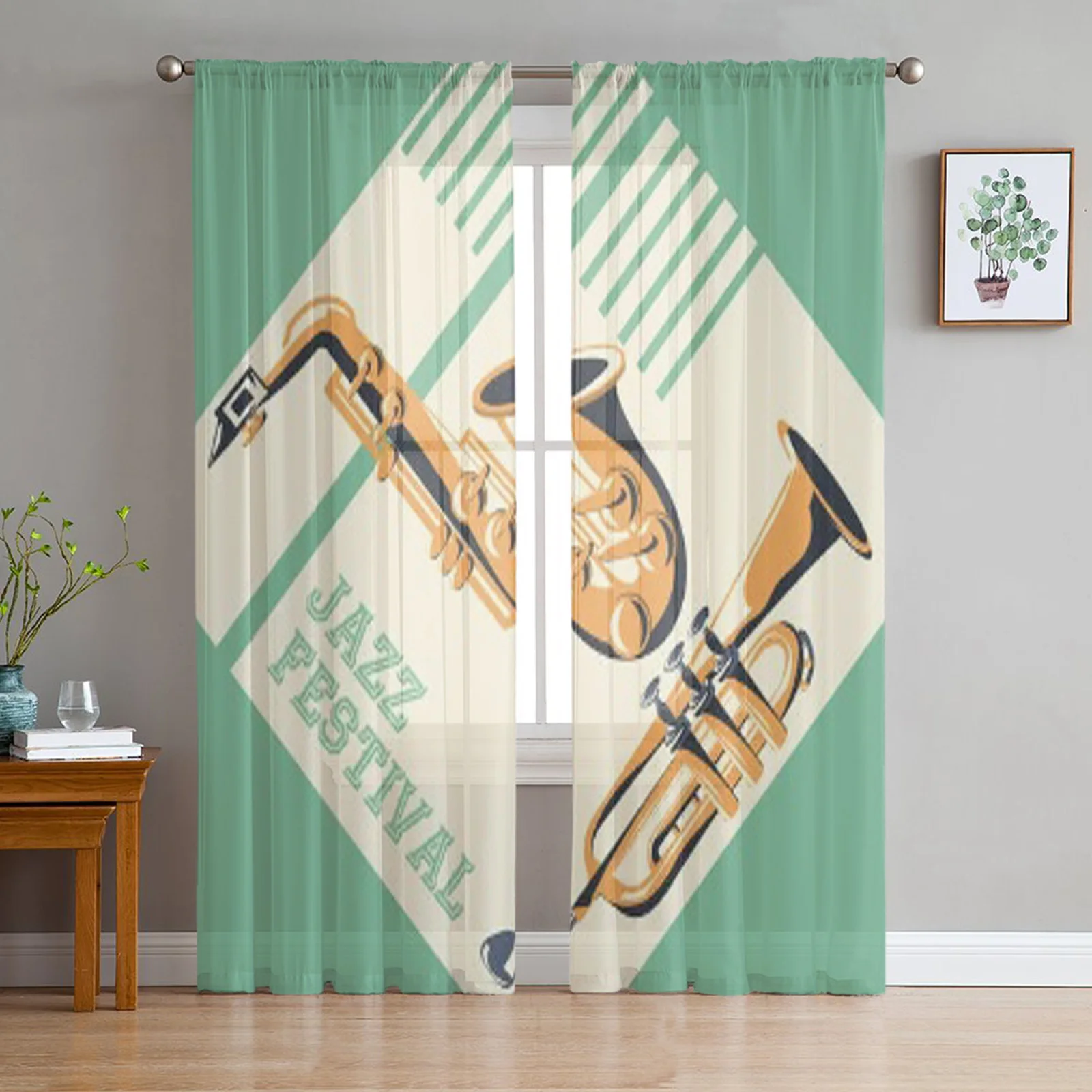 Jazz Festival Poster With Saxophone And Trumpet Instrument Icon Sheer Tulle Window Curtains Voile Drape for Living Room Bedroom