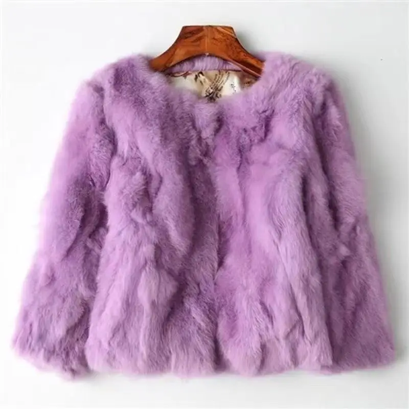 2024 New Fashion Autumn and Winter Explosion  Soft Comfort Real Rabbit Fur Coat  Female Jacket Short Slim Body with Round Collar