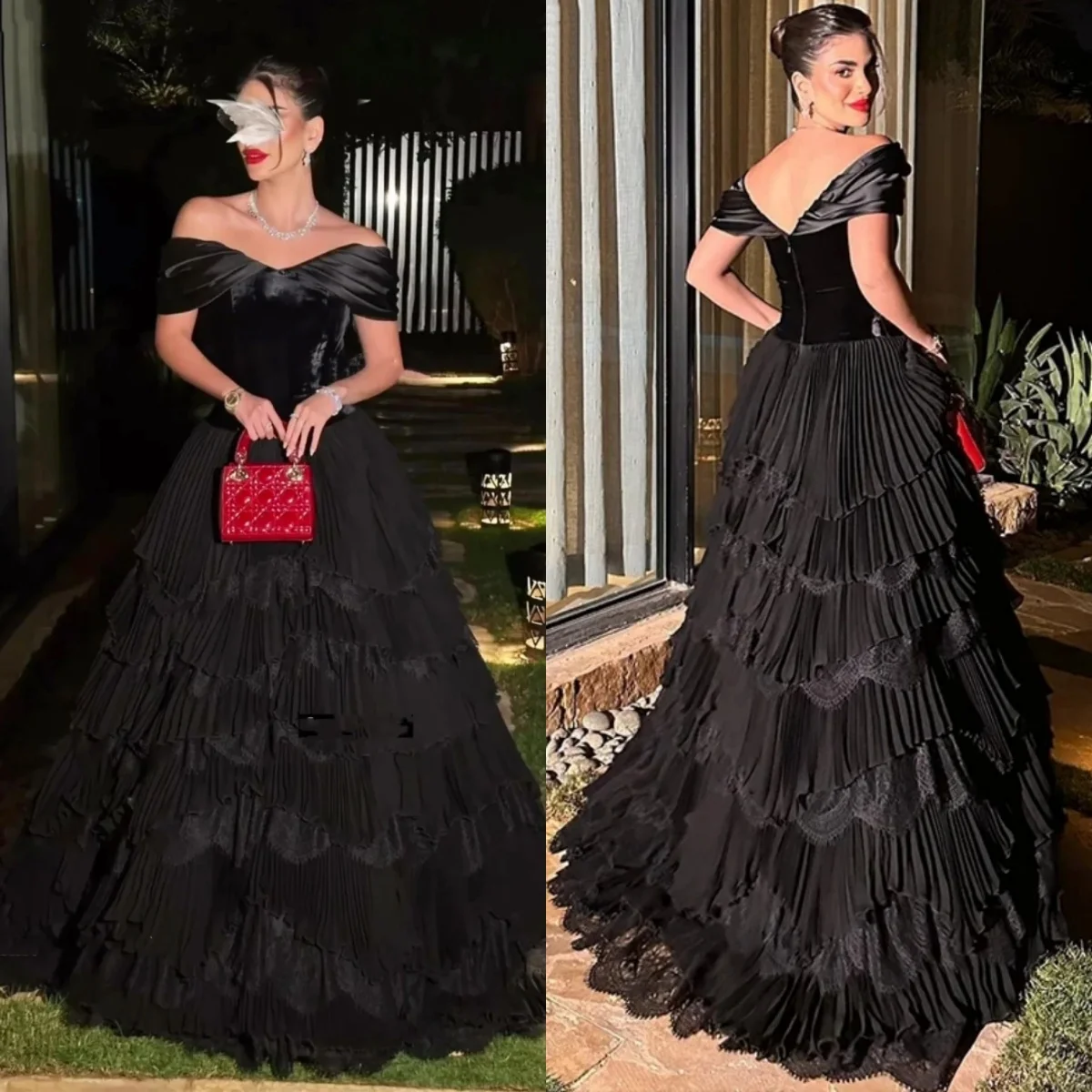 

Vintage Black A-line Prom Dresses Pleated Tiered Off Shoulder Elegant Evening Dresses 2024 Formal Occasion Party Gown