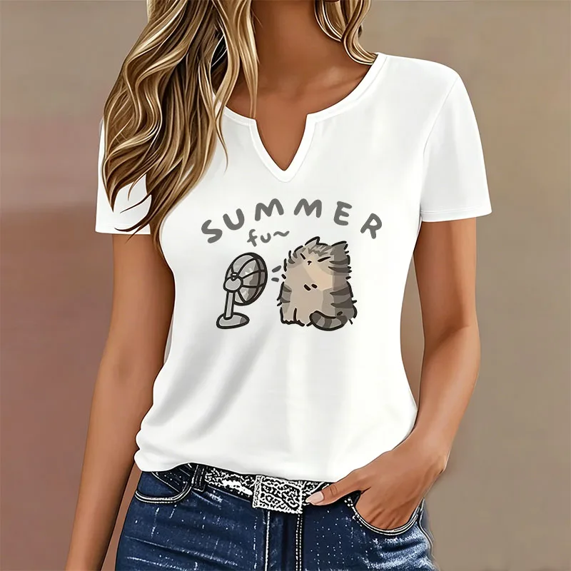 Cute Cat Summer Fun Cat Graphic T Shirt for Women V Neck Short Sleeve Tee Casual Soft Loose Tops Kitten with Fan Print Tshirt