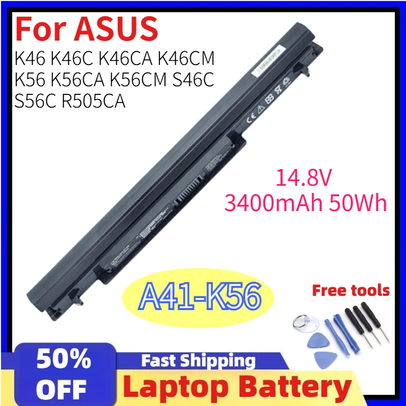 A41-K56 50Wh Laptop Battery for ASUS K46 K46C K46CA K46CM K56 K56CA K56CM S46C S56C R505CA A32-K56 A42-K56 14.8V 3400mAh