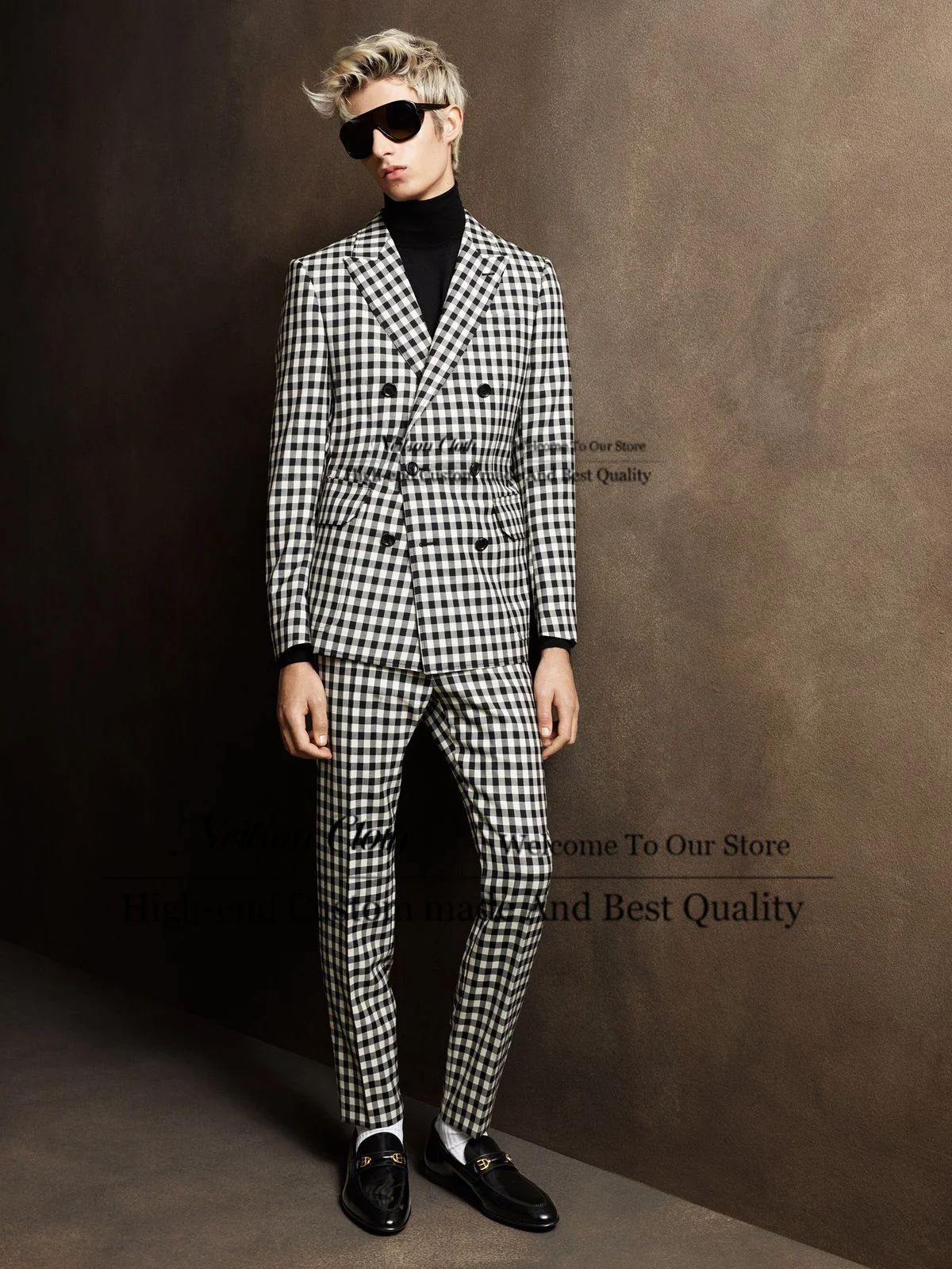 

Small Plaid Male Prom Blazers 2 Pieces Sets Peaked Lapel Groom Wedding Tuxedos For Men Customized Double Breasted Costume Homme