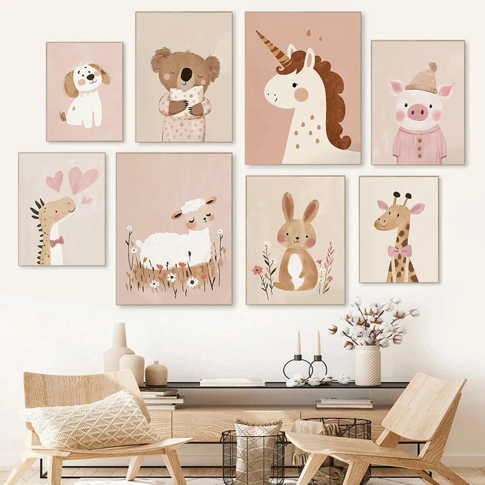 Nordic Pink Cute Cartoon Animal Fox Unicorn Illustration Posters Prints Canvas Painting  Living Room Home Decor