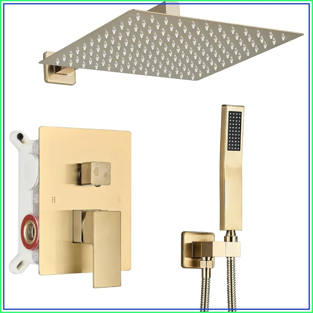 Sistema de Ducha de Lluvia de 12 Pulgadas con Rociador Manual, Juego de Grifería de Pared en Oro Cepillado