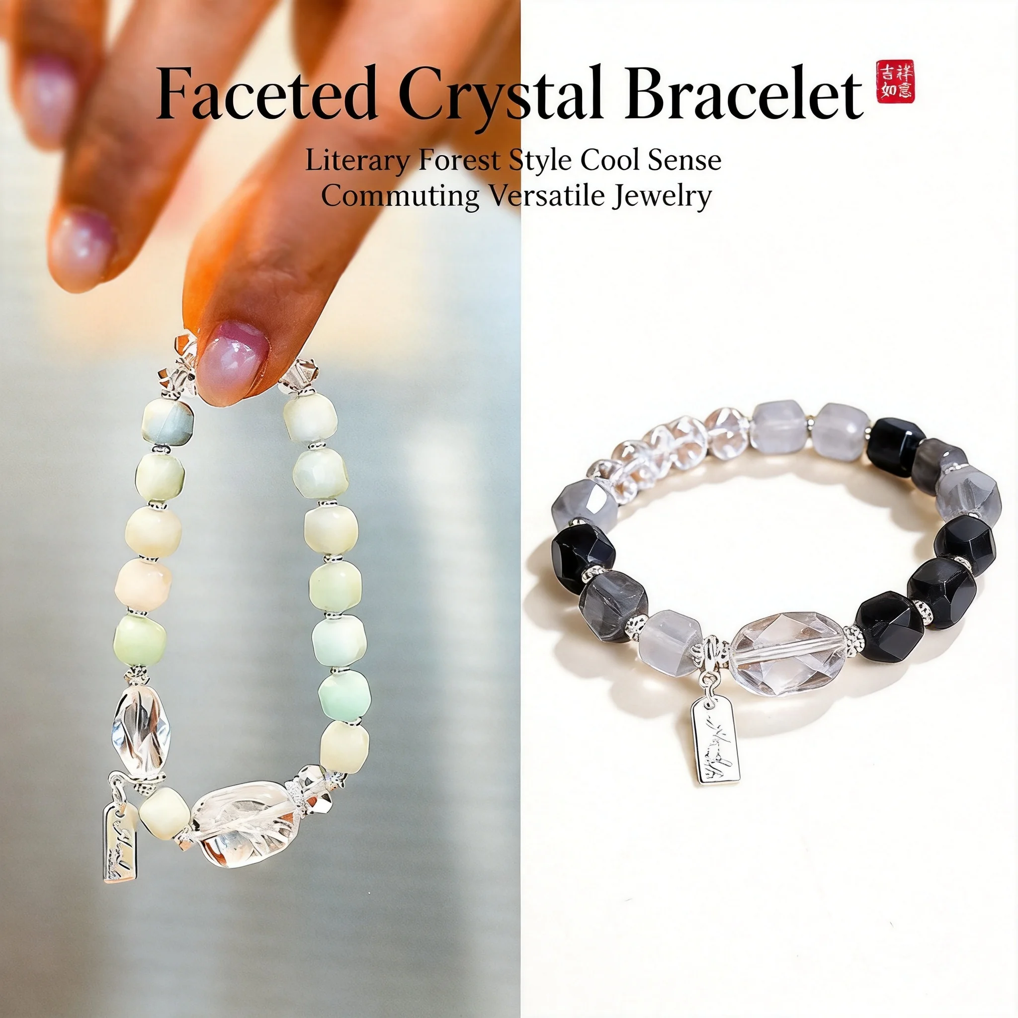 

Chinese Style Lucky Blessing Faceted Clear Quartz Bracelet For Women Natural Aventurine Rhodochrosite Blue Dot Stone Beaded Brac