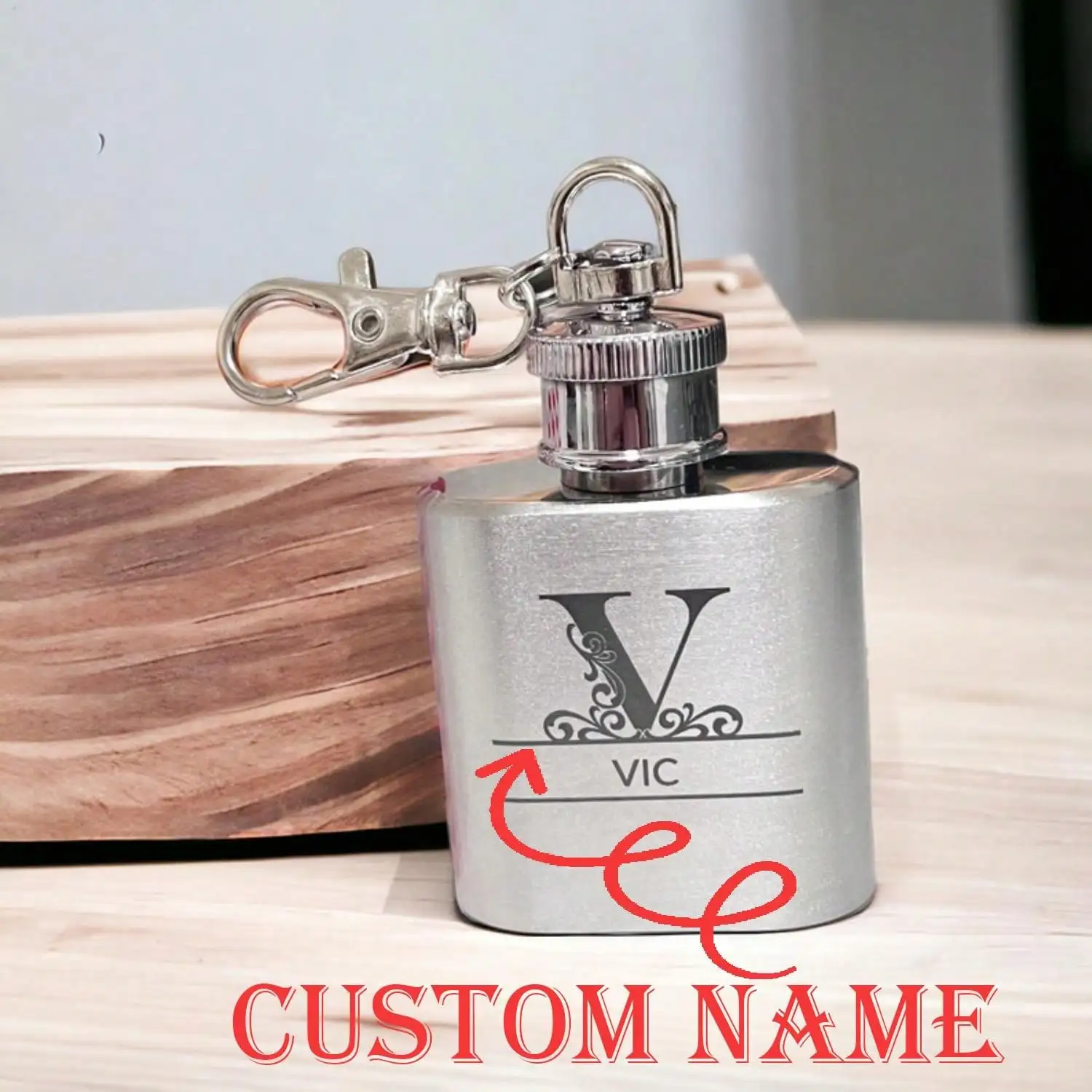Personalized steel silver hip flask, keychain flask, custom engraved spirits & whiskey flask, engraved spirits flask gift, porta