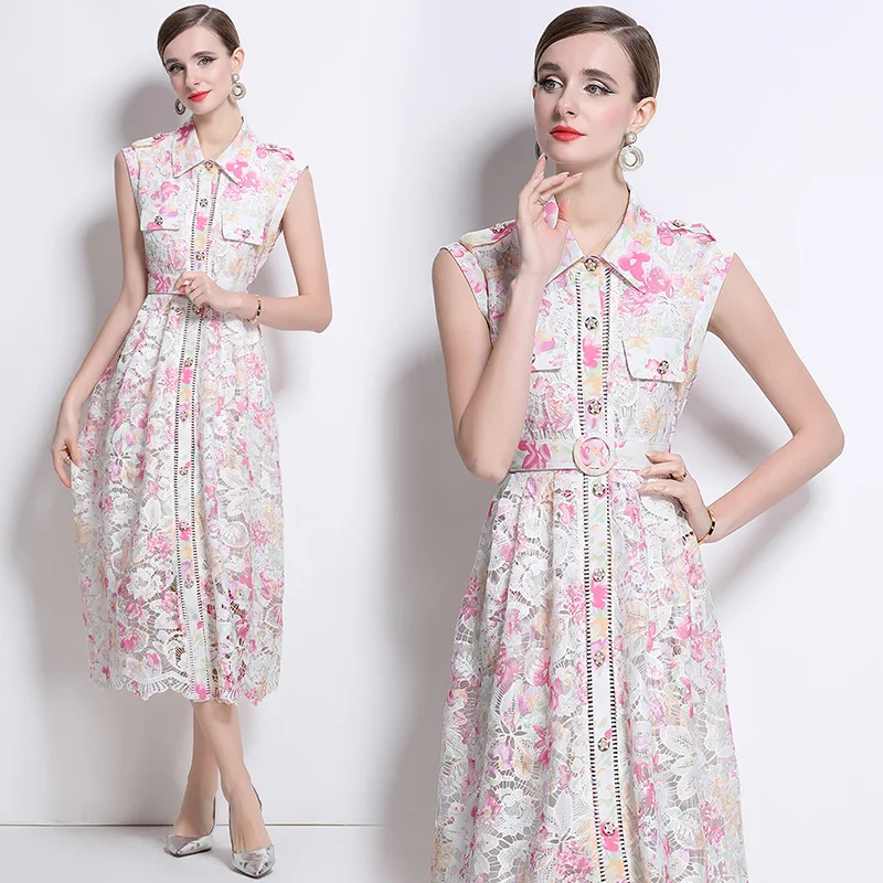 

High Sense Elegant Temperament Watersoluble Lace Print Flap Dress Women's New Single-Row Zipper Waist Thin Long Dress Summer